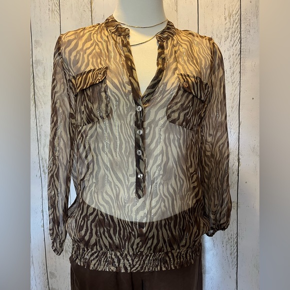 Cache Zebra Print Silk Blend Sheer Blouse Size Small - Picture 5 of 6
